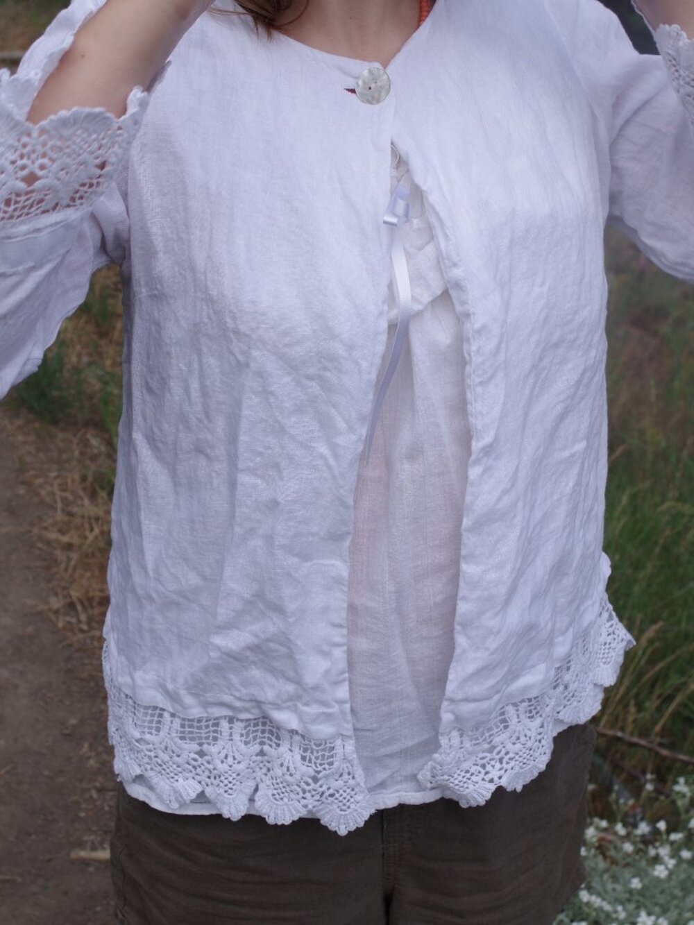 Ladies 100% Linen Lacey Cardigan Made In Italy